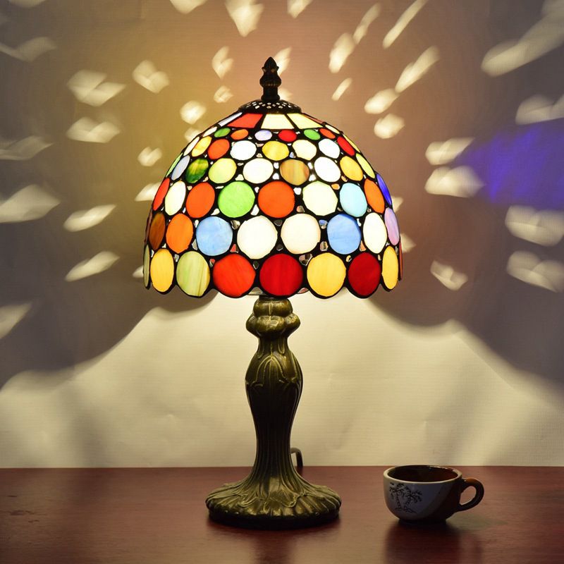 Circle Nightstand Lamp 1��Head Stained Glass Antique Style Table Light in Orange for Living Room