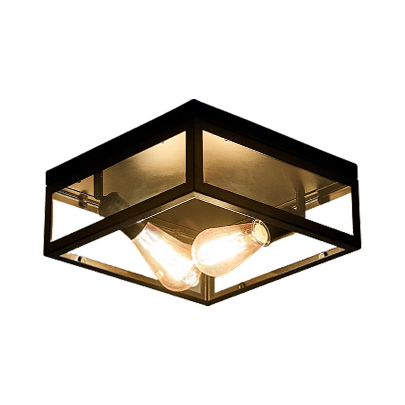 Metal Square Flush Mount Light Industrial 2 Lights Flush Mount Ceiling Fixture in Black