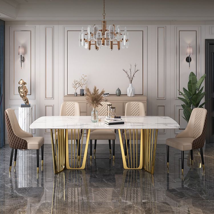 Traditional Luxury Stone Table Rectangle Dining Table with Stainless Steel Double Pedestal