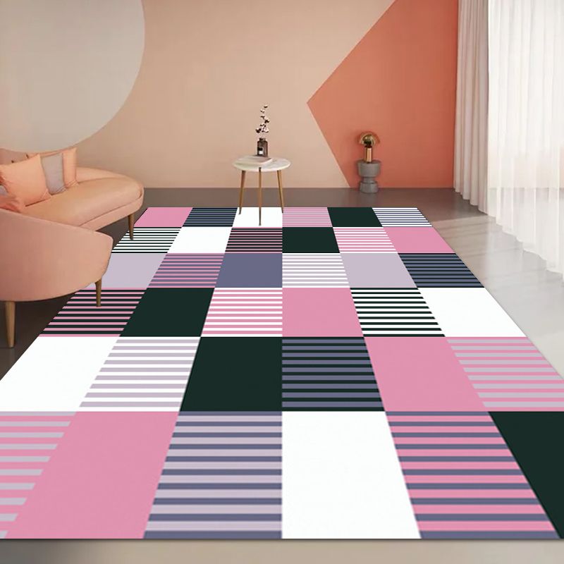 Modern Living Room Rug in Green and Pink Plaid Stripe Print Rug Polyester Machine Washable Area Rug