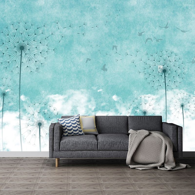 Dandelion Wallpaper Murals in Blue and White, Minimalist Wall Covering for Accent Wall