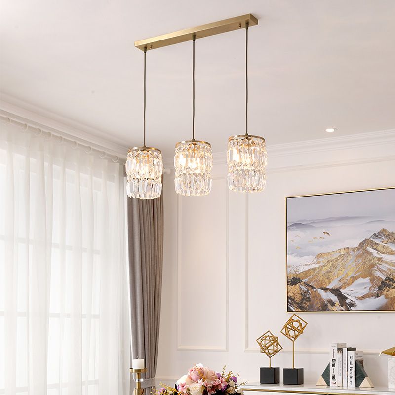 3-Lights K9 Crystal Drops Shade Island Light Brass Contemporary Style Kitchen Bar Hanging Lamp in Gold