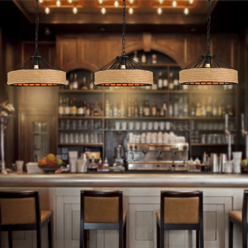 Geometric Hemp Rope Hanging Light Rustic 1 Bulb Restaurant Pendant Light Fixture in Black