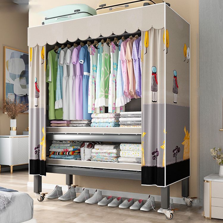 Foldable Freestanding Wardrobe Metal Frame Wardrobe with Casters