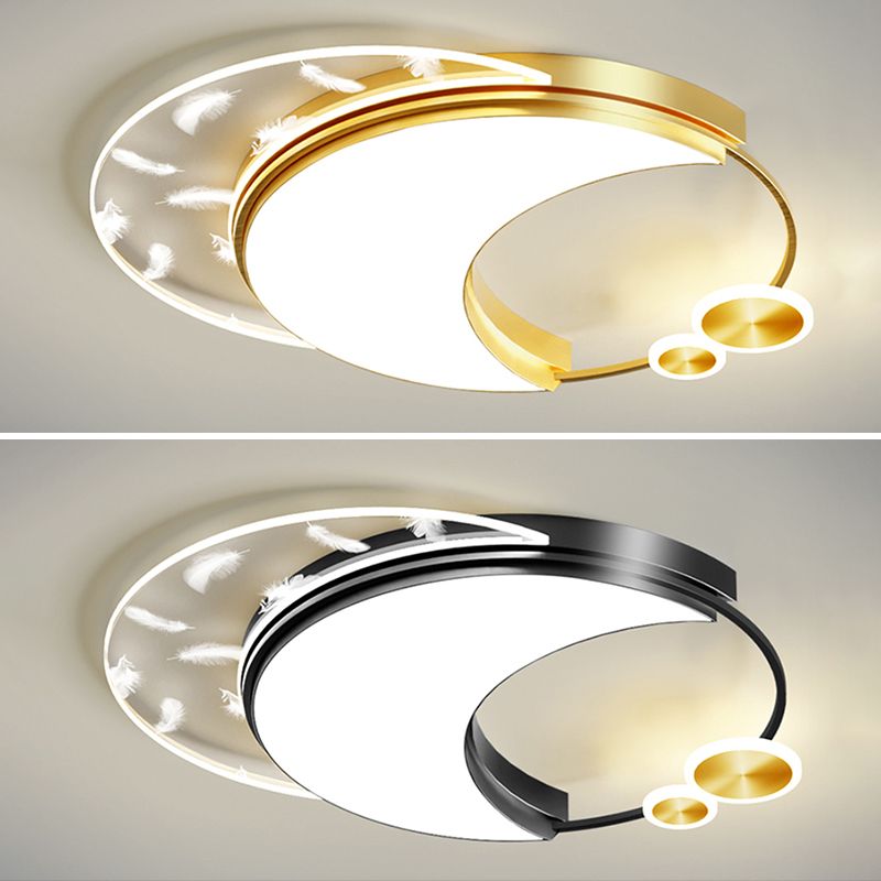 Modern Creative Feather LED Semi Flush Mount Circular Wrought Iron Ceiling Light with Acrylic Shade