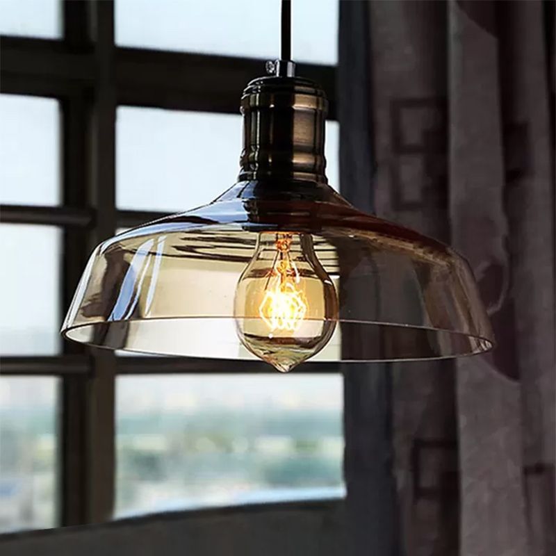 Single Light Hanging Ceiling Light with Barn Shade Clear/Brown Glass Industrial Dining Room Pendant Lighting