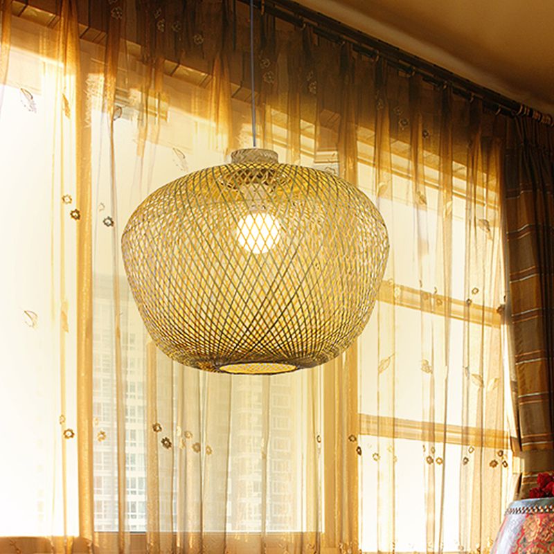 Asia Crock Bamboo Weaving Ceiling Lamp 1 Light Hanging Pendant in Beige for Living Room