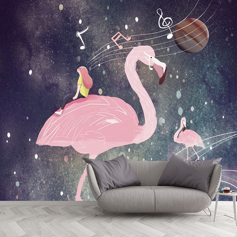 Pink Flamingo and Music Mural Wallpaper Water Resistant Wall Decor for Girls Bedroom