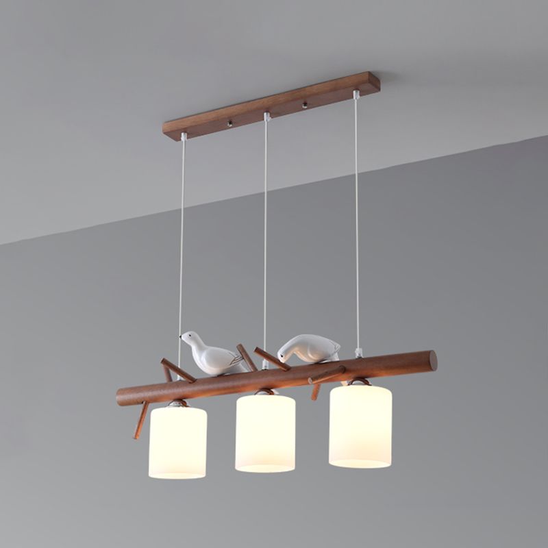 Wood Modern Pendant Light Cylinder Shape Island Light with Glass Shade for Living Room