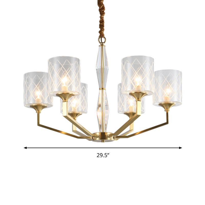 Grid Cylinder Shade Chandelier Elegant Style Metallic Ceiling Pendant in Gold for Study Room