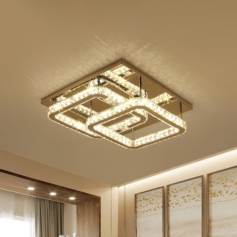 Square Bedroom Flush Mount Ceiling Light Modernist Facettes Crystal LED Chrome Flushmount Lighting