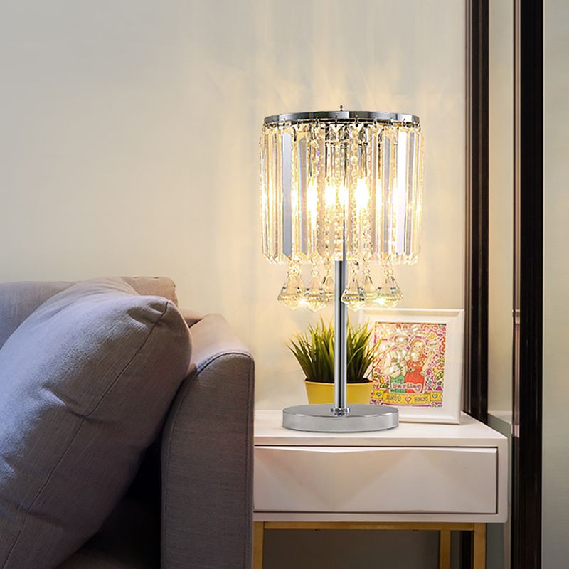2 Heads Drum Task Light Modern Faceted Crystal Table Lamp in Chrome with Crystal Teardrop