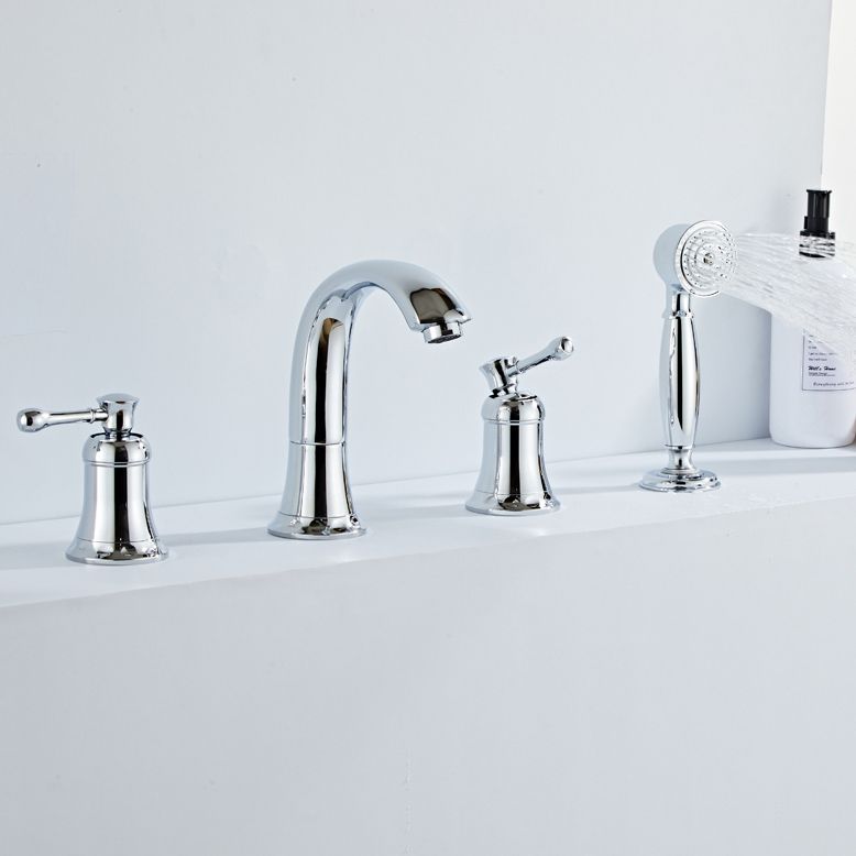 Modern Deck Mounted Lever Handle Bathroom Faucet with Handheld Shower Head