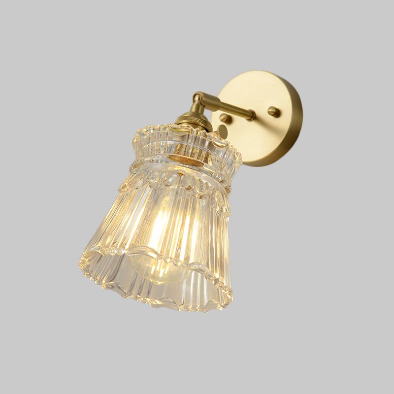 Conical Rotating Wall Light Kit Postmodern Clear Ribbed/Grid Glass 1 Light Gold Wall Mounted Lamp