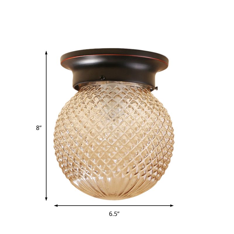 One Light Globe Flush Mount Black/Clear Industrial Ribbed/Opal/Prismatic Glass Lighting Fixture, 6"/6.5" Wide