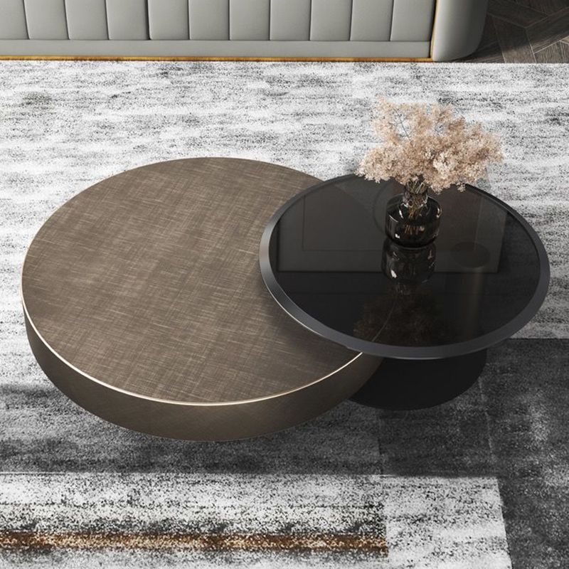 Block Base Design Cocktail Table Gold Metal Top Black Base Round Coffee Table