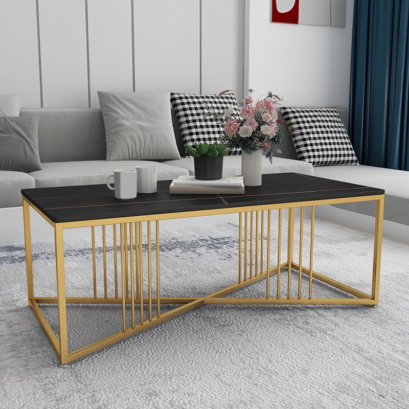 Glam Stone Top Cocktail Table with Golden Iron Cross Base in Rectangle