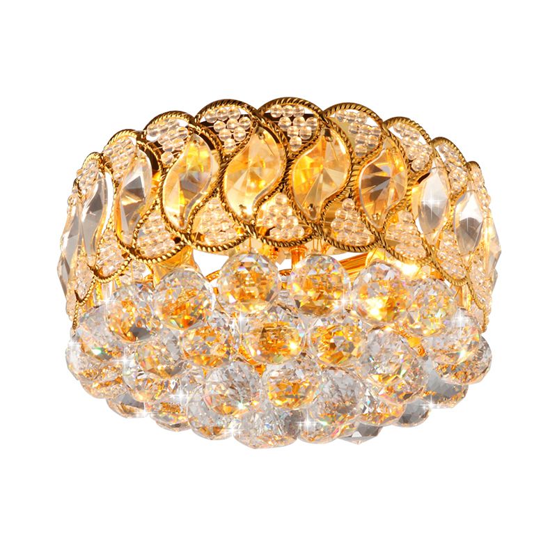 Drum Shade Crystal Orb Flush Mount Lamp Rustic 3-Head Bedroom Ceiling Light Fixture in Gold