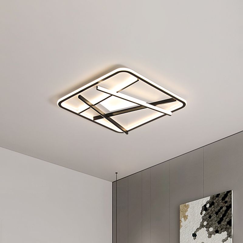 Black Square and Line Flush Lighting Modernist LED Acrylic Flush Mount Ceiling Lamp in White/Warm Light for Bedroom