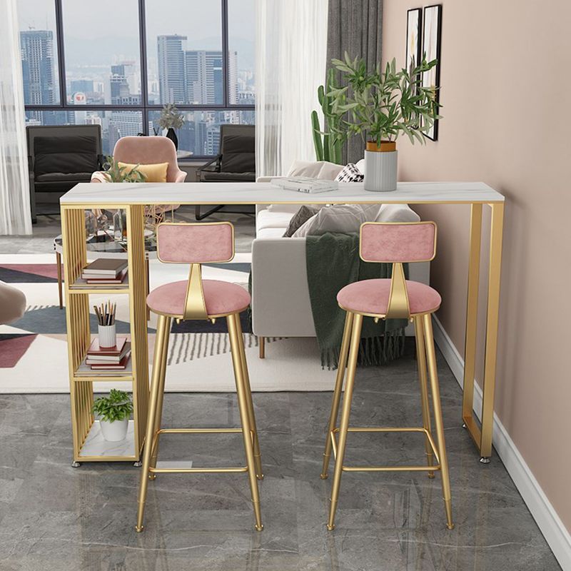 Glam Rectangle Pub Table for Living Room Glossy White Stone Top Bar Table with Storage