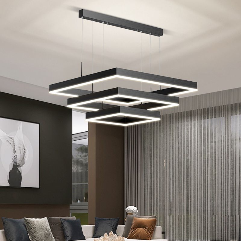 Modern Metal Chandelier Multi-Layer Square Chandelier Pendant Lamps in Black for Living Room