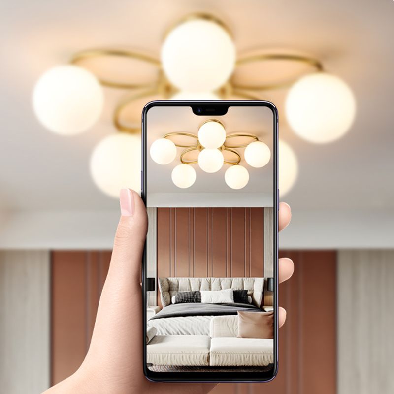 Glass Floral Semi Flush Ceiling Light Nordic Ceiling Lighting in Gold