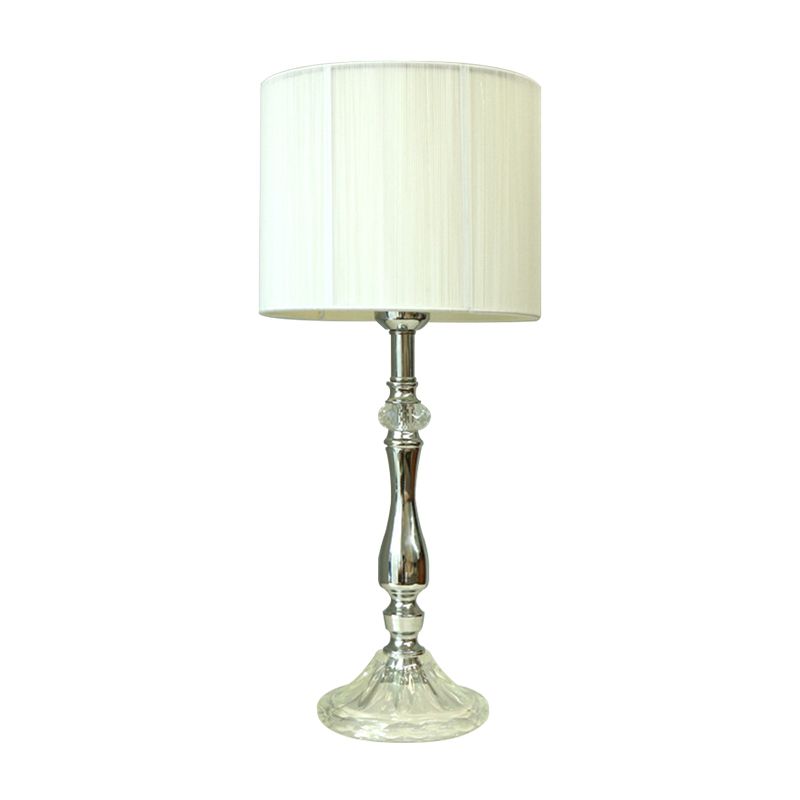 Modernist 1-Head Table Light White Drum Crystal Nightstand Lamp with Fabric Shade