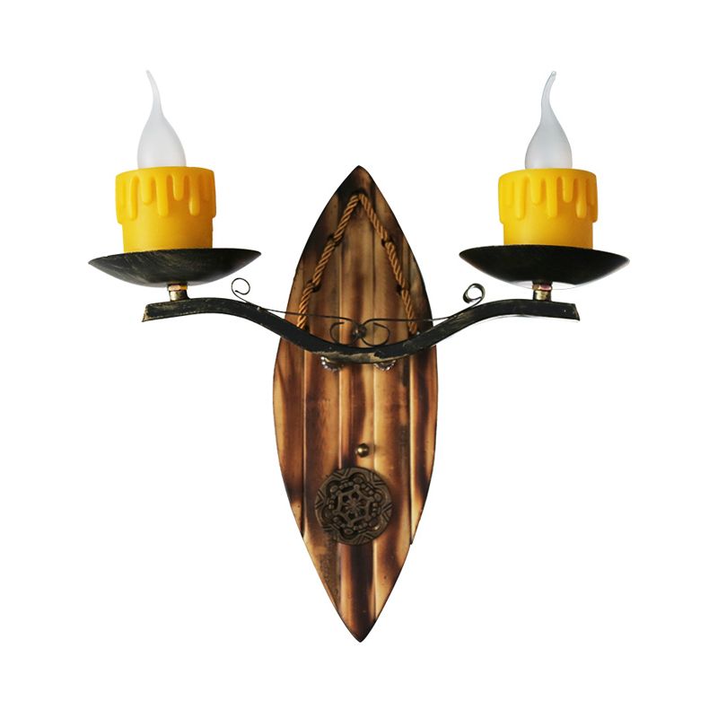 2 Lights Candle Wall Lamp Vintage Yellow Resin Sconce Light Fixture with Wood Backplate