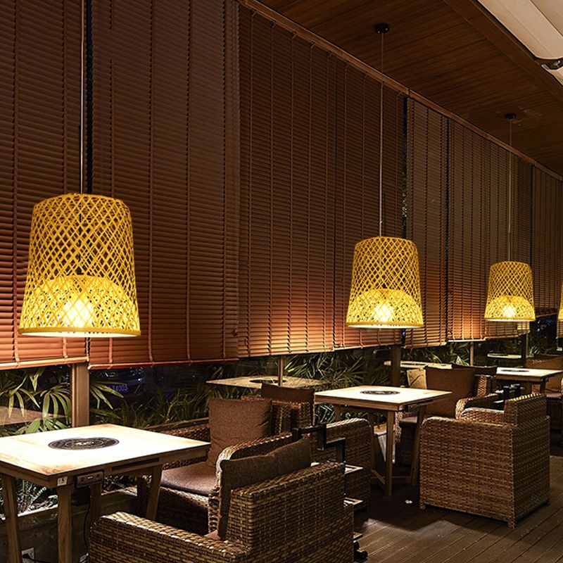 2-Shade Barrel Pendant Lighting Asia Bamboo Single Beige Hanging Lamp Kit over Table