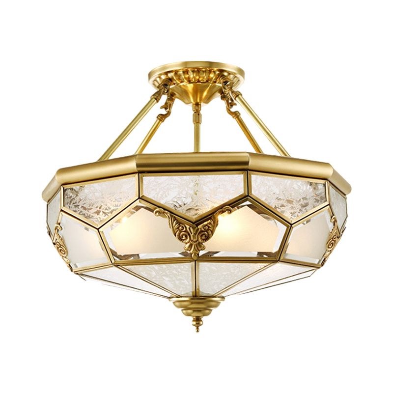 Opaline Glass Brass Semi Flush Mount Faceted Dome 3/4 Lights Country Printed Close to Ceiling Lamp, 14"/18" Width