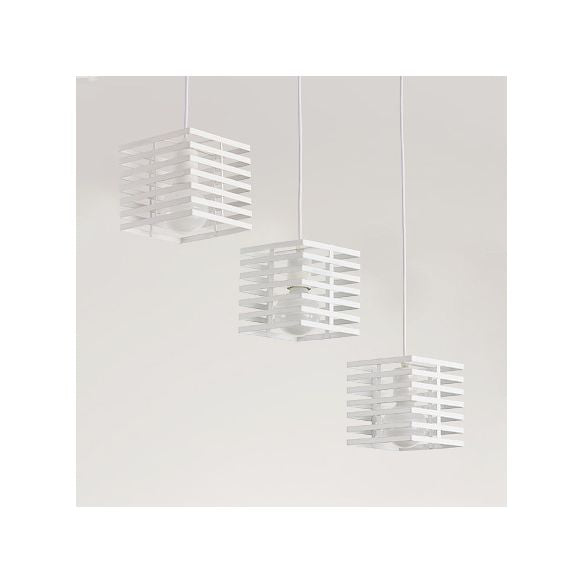 3 Lights Cubic Hanging Lamp with Cage Shade Retro Industrial Black/White Metal Pendant Lighting