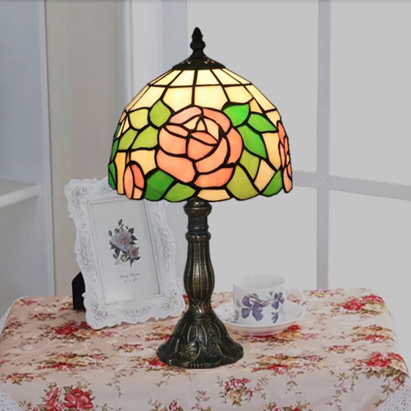 Tiffany Rose Table Light Bedroom 1 Light Stained Glass Decorative Standing Light in Pink-White/Pink