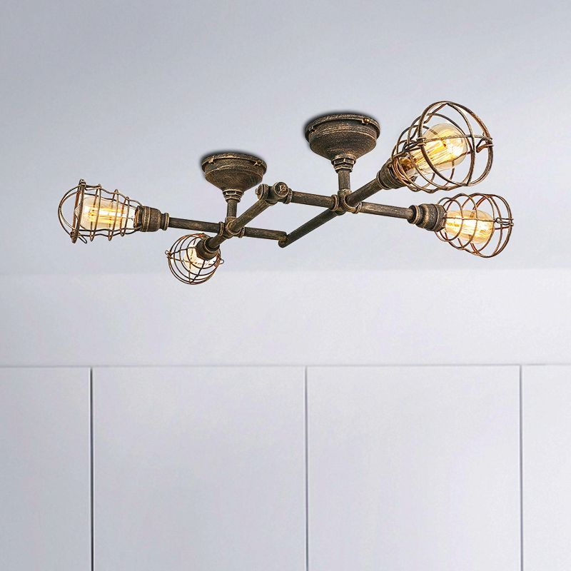 Jaula de alambre de latón, luz semiempotrada, hierro Industrial Vintage, 4/6/8 cabezales, iluminación de techo para sala de estar con tubo