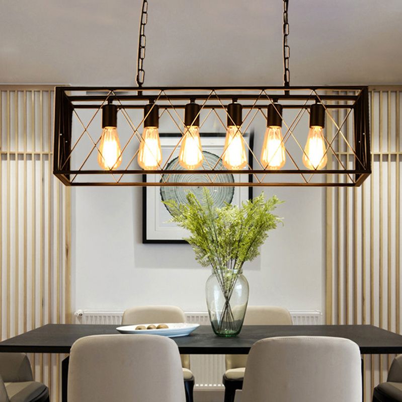 4 / 6 - Light Ceiling Pendant Iron Frame Industrial Rectangle Kitchen Island Fixture