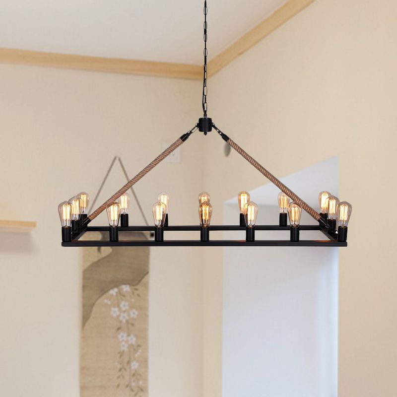 10/16 Bulbs Chandelier Lighting Loft Style Rectangular Frame Metal Pendant Lighting with Rope Detail in Black
