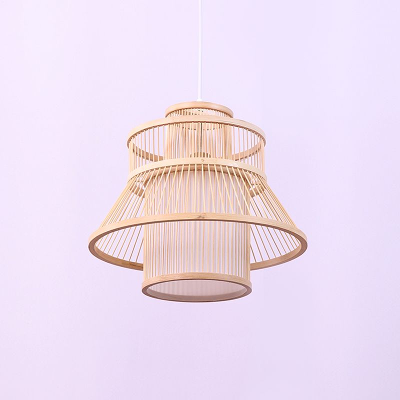 Wood Flared Hanging Light Chinese 1 Bulb Bamboo Suspended Lighting Fixture for Tearoom