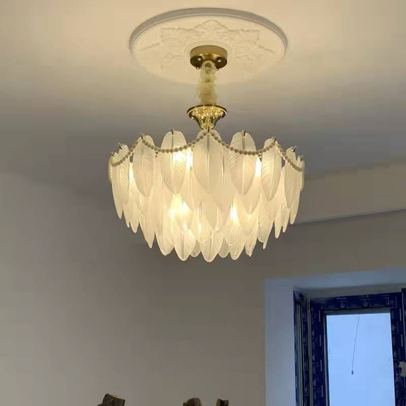 Contemporary Indoor Hanging Light Glass Feather Chandelier for Living Room