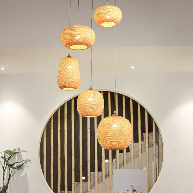 Beige Spheroid Pendant Light Fixture Asia 1-Light Bamboo Suspension Lighting for Restaurant