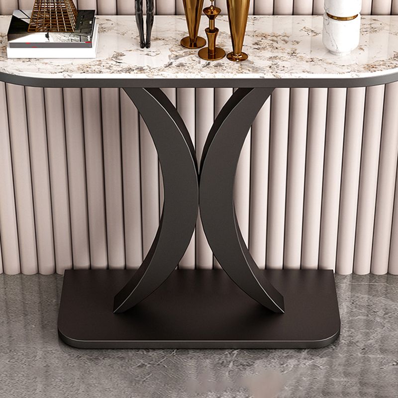 Glam Half Moon Accent Table with Stone Top and Iron Pedestal Base