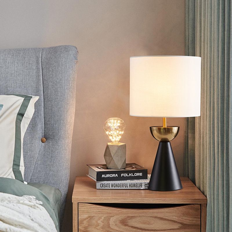 Cylinder Fabric Night Table Light Modern 1 Bulb White/Flaxen Nightstand Lamp with Black Cone Base