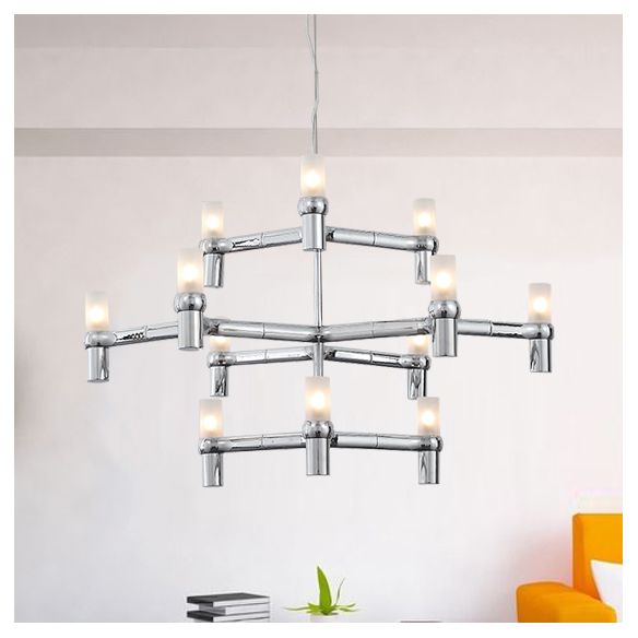 Black/White Crown Hanging Chandelier Light Modern 12 Lights Metallic Hanging Lamp with Frosted Glass Cylinder Shade