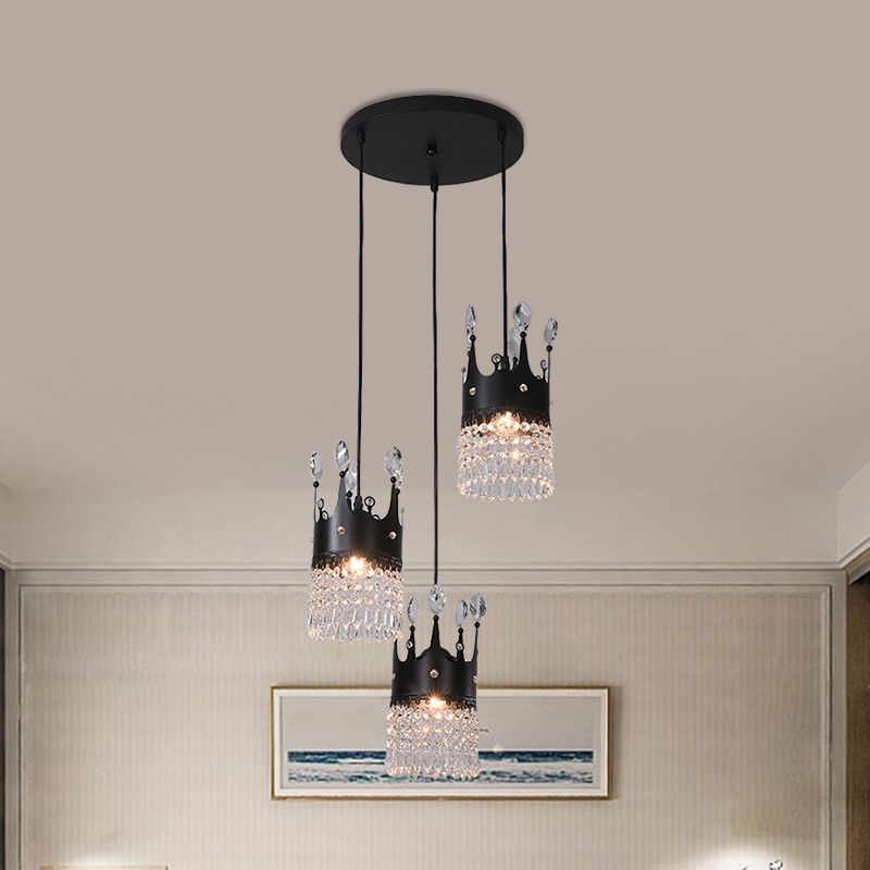 Black Lineal/Round Canopy Crown Light Metal contemporáneo 3 cabezas Comedor Multi colgante con drapeado de cristal
