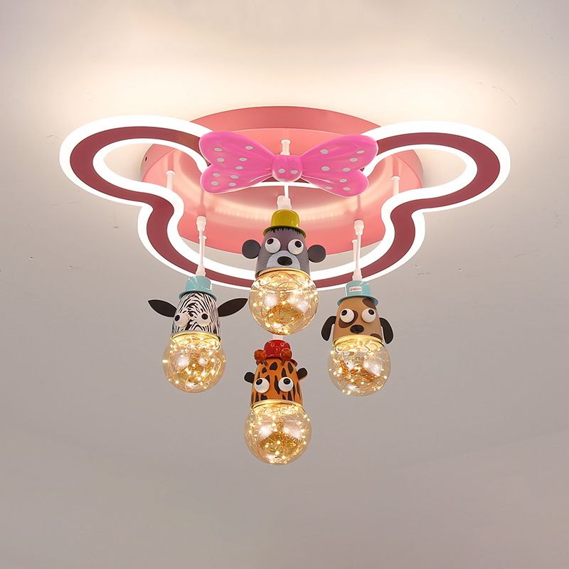 Animal Head Multi Light Pendant Cartoon Metallic Child Room Hanging Lighting in Pink