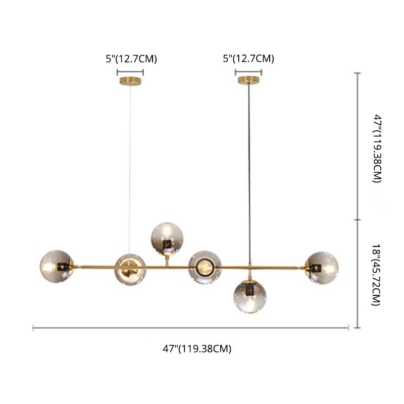Smoke Grey Glass Globe Pendant Postmodern 6 Bulbs Gold Island Light Fixture for Dining Room
