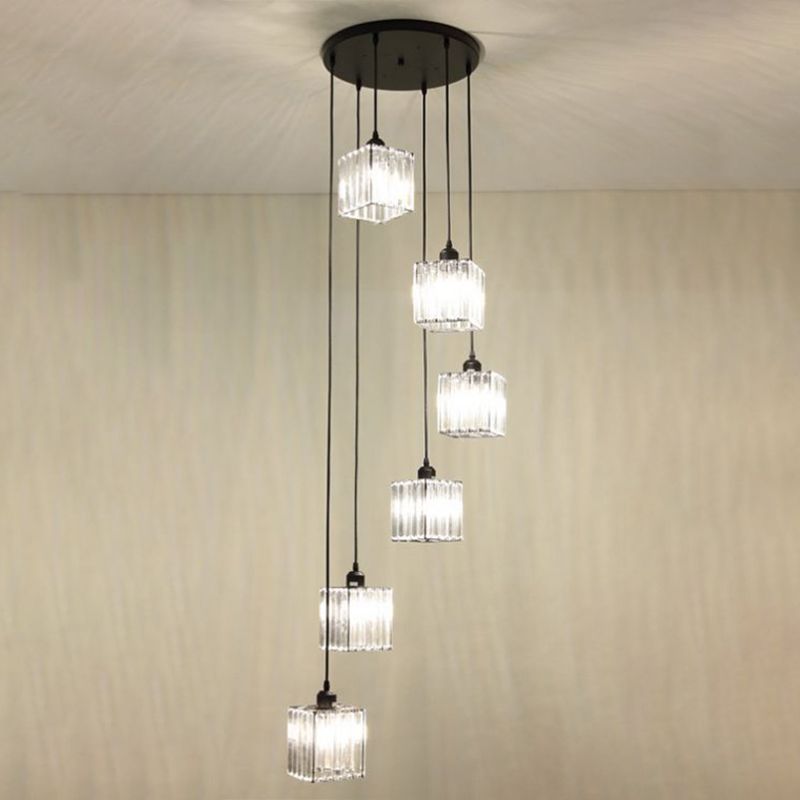 Tri-Prism Crystal Spiral Cube Hanging Light Modern Style 6 Bulbs Multi Light Pendant in Black