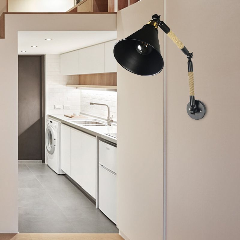 Kegelschlafzimmer Wandmontage Beleuchtung Vintage Style Metal und Seil 1 Glühbirne Schwarze Leuchtenleuchte