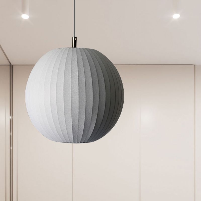 White Sphere Ceiling Pendant Minimalist Single 12"/16" Wide Fabric Hanging Light Fixture for Dining Room