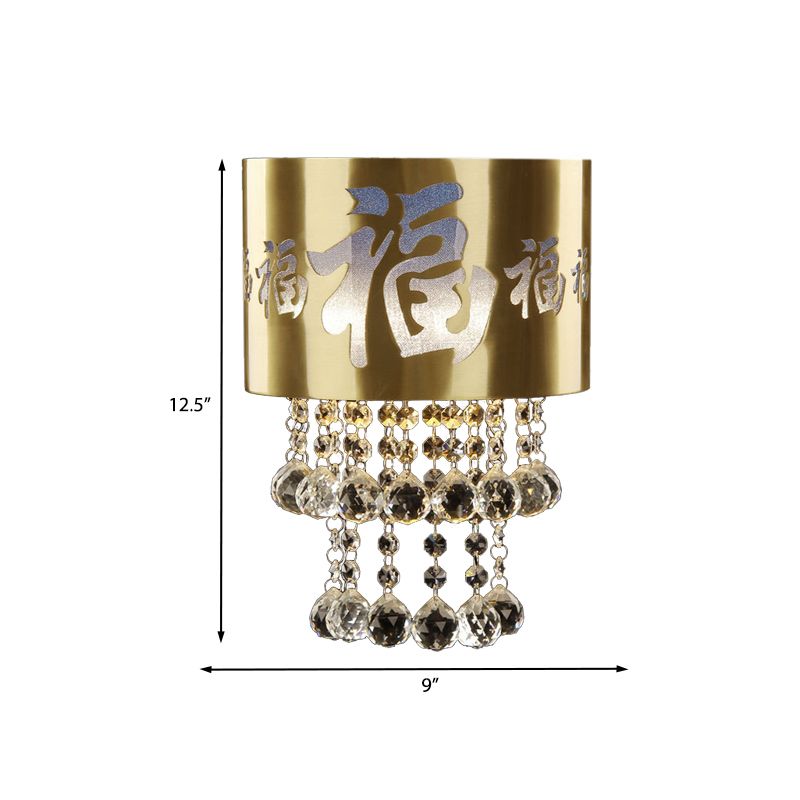 2 Heads Semi Cylinder Wall Sconce Traditional Brass Crystal Bead Wall Mounted Lamp for Bedroom