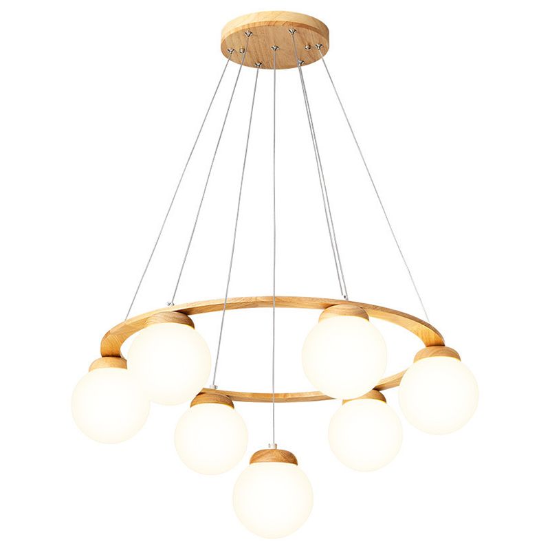 Wooden Circle Chandelier Nordic Style Hanging Light with Ball White Glass Shade
