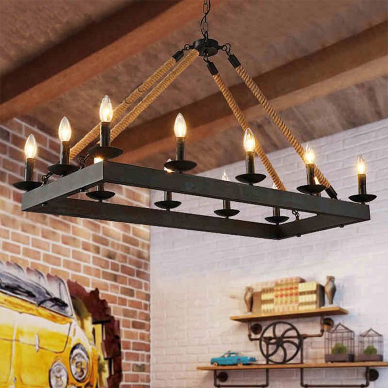 10 têtes corde suspendue îlot léger industriel rectangle lampe suspendue en métal en noir avec conception de bougies